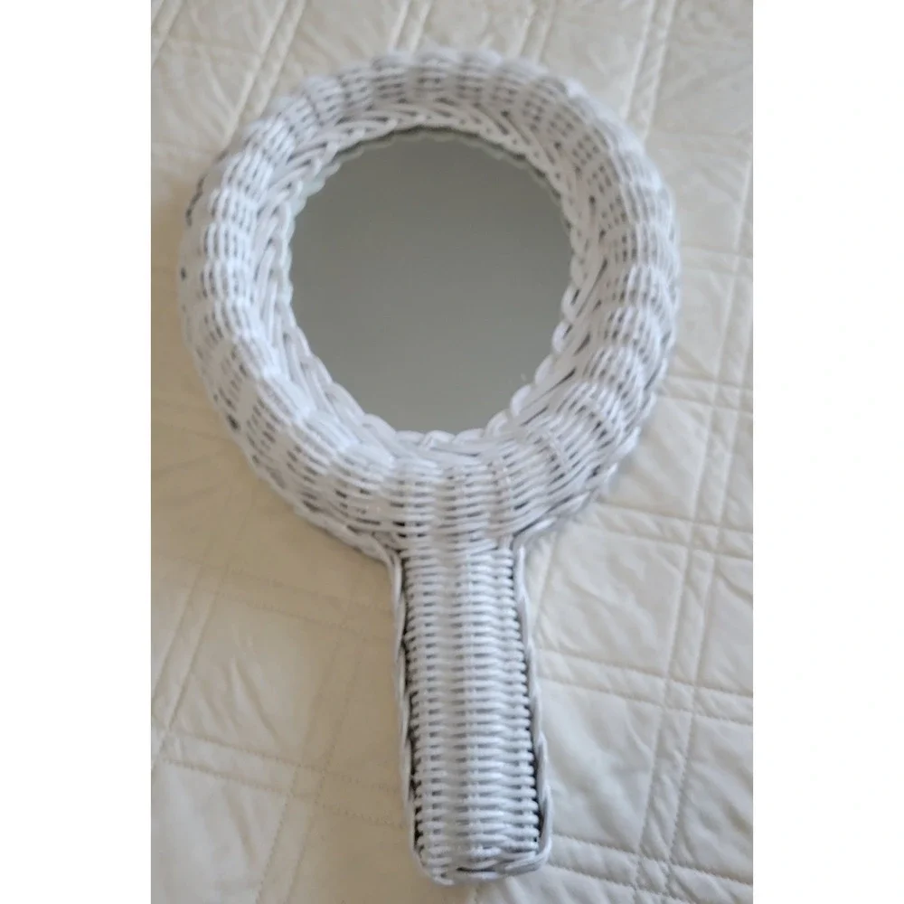 Wicker Rattan Hand Held Mirror Two Sided Vintage White 1970's Woven Braided